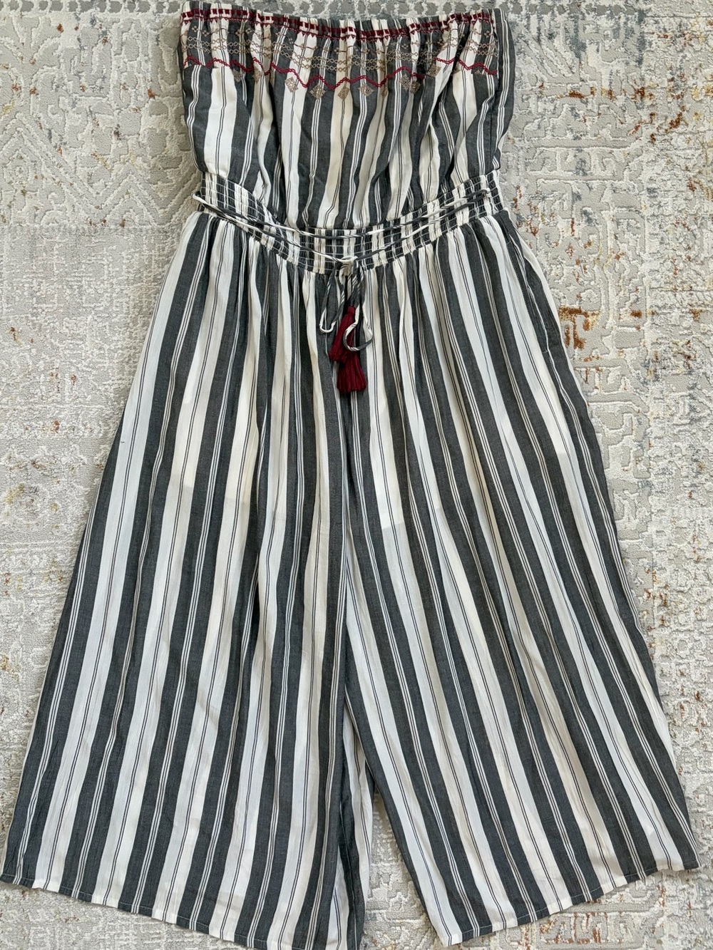 Versona Black and White Striped Strapless Jumpsuit with Tassel Tie